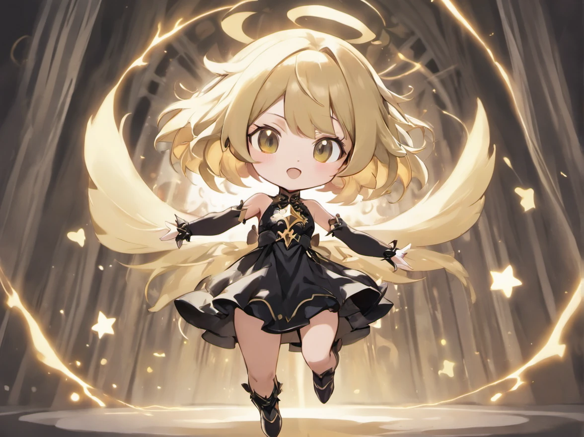 ((Chibi、Mini、Blunt bangs、Ash Gold Hair、a short bob、discreet breasts、Intricate Gothic décor、Black and white gothic dress)):1.5、full body Esbian、Concept sheet、masuter piece、超A high resolution、Looking at the camera、Angle from below、jumpping、dash、acrobatic pose、White background