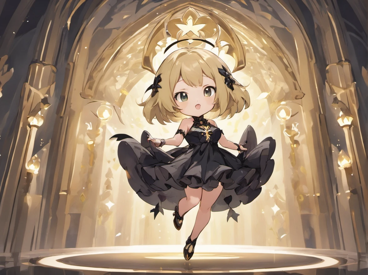 ((Chibi、Mini、Blunt bangs、Ash Gold Hair、a short bob、discreet breasts、Intricate Gothic décor、Black and white gothic dress)):1.5、full body Esbian、Concept sheet、masuter piece、超A high resolution、Looking at the camera、Angle from below、jumpping、dash、acrobatic pose、White background
