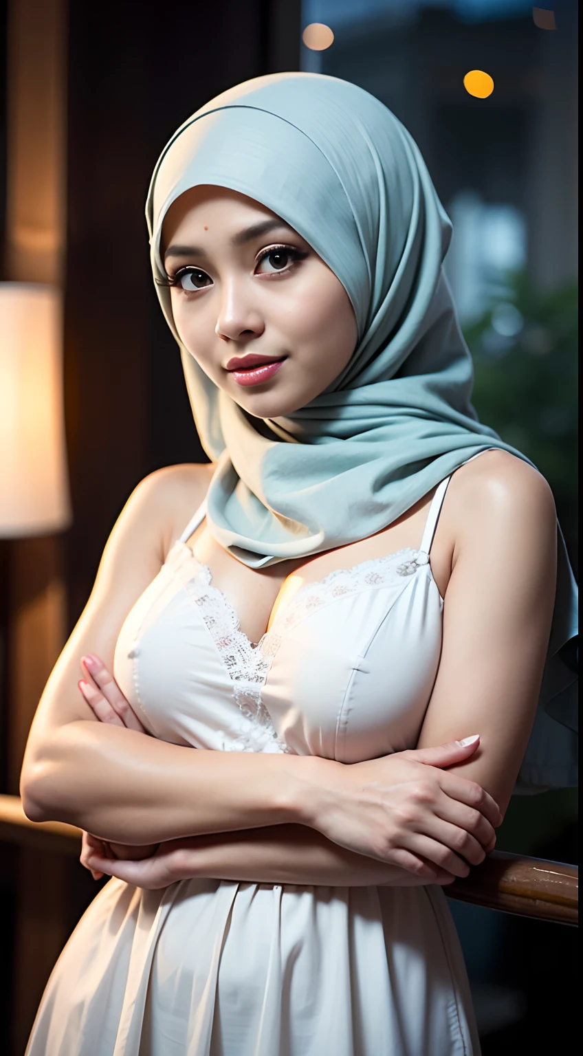 RAW, Best quality, high resolution, Masterpiece: 1.3), Beautiful Malay woman in hijab, Masterpiece, Perfect slim body, Big breasts, Beautiful big eyes, watery eyes, Soft smile, wet lips, Beautiful portrait of a young person Malay women in beautiful hijap, 30 years old, high detail, HDR, portrait photography, (full body shot), snow mountain hat background, straight looking camera, cinematic look, HD