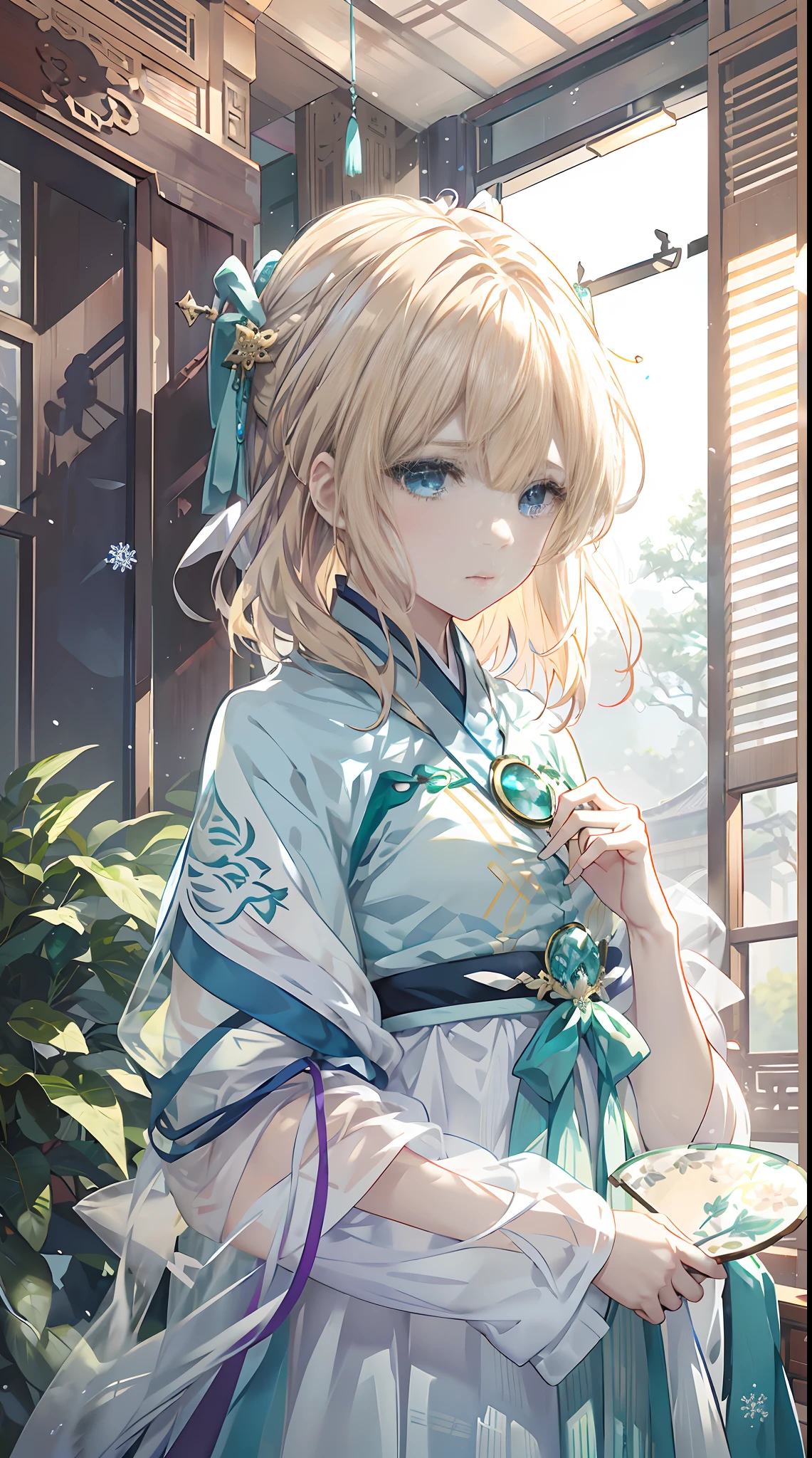 Violet，((Wear light blue Hanfu))，((Round emerald gemstone brooch))，(Hanfu is decorated with snowflakes)，((1 folding fan in his hand))，((Traditional Chinese palace))，(((Blonde hair)))，(((blue color eyes))),