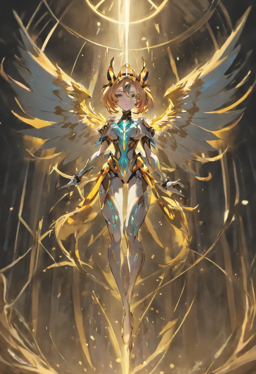 (best quality, masterpiece, colorful, dynamic angle, from below, highest detailed)upper body photo, full body photo, fashion photography of cute mechangel, glowing 4 wings, solo, glowing armor, glowing halo, building, glowing mechanical 4 wings (intricate details, hyperdetailed:1.15), detailed, light passing through hair, (official art, extreme detailed, highest detailed), HDR+