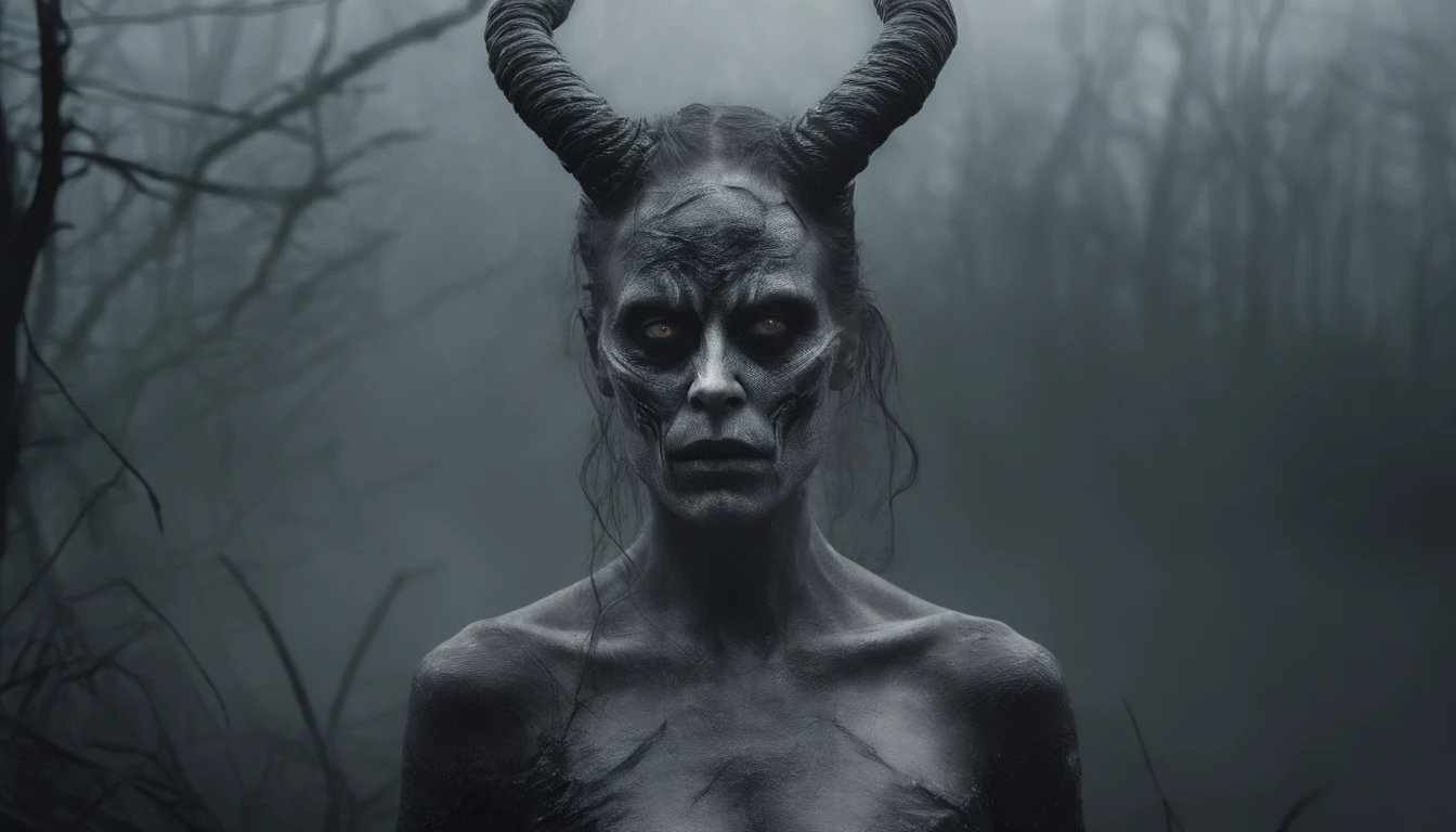 Upper body shot, hyper realistic photograph in a foggy marsh, demon woman with horns, iridescent skin, skin that looks like glass, white eyes, cinematic horror.