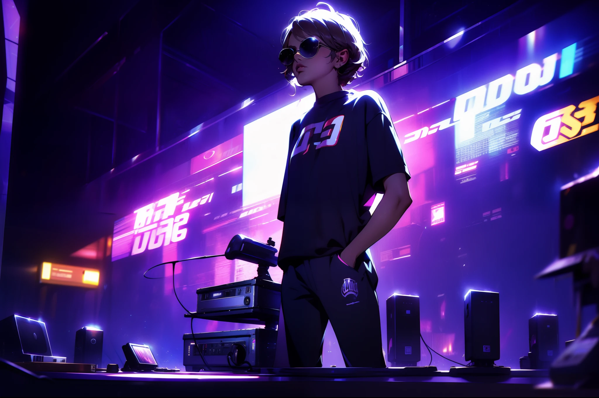 (Ultra - Detalhado, 16k resolution, Lentes de cinema，rendering by octane),Uma jovem  linda mulher com cabels negros e longo, ，Mobilize a atmosfera，Usando fones de ouvido de DJ prateados, Camiseta de lantejoulas prateada brilhante, (Roupa hip-hop pop exclusiva:1.3), .Standing in front of DJ equipment , Os holofotes se voltam para a DJ.