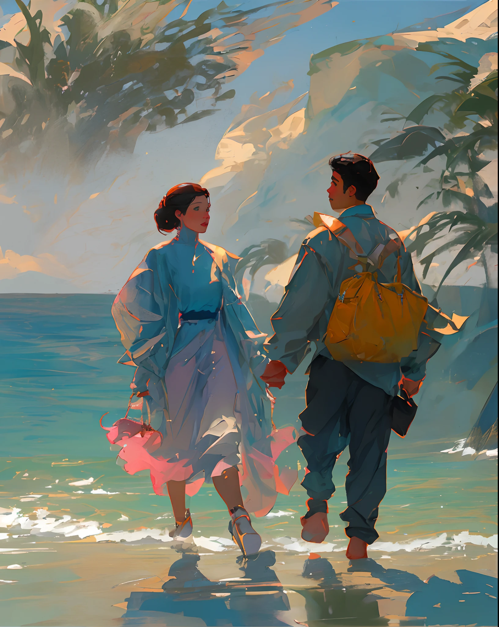Man is walking clossedly with a beautiful girl on the blue beach then they kissing