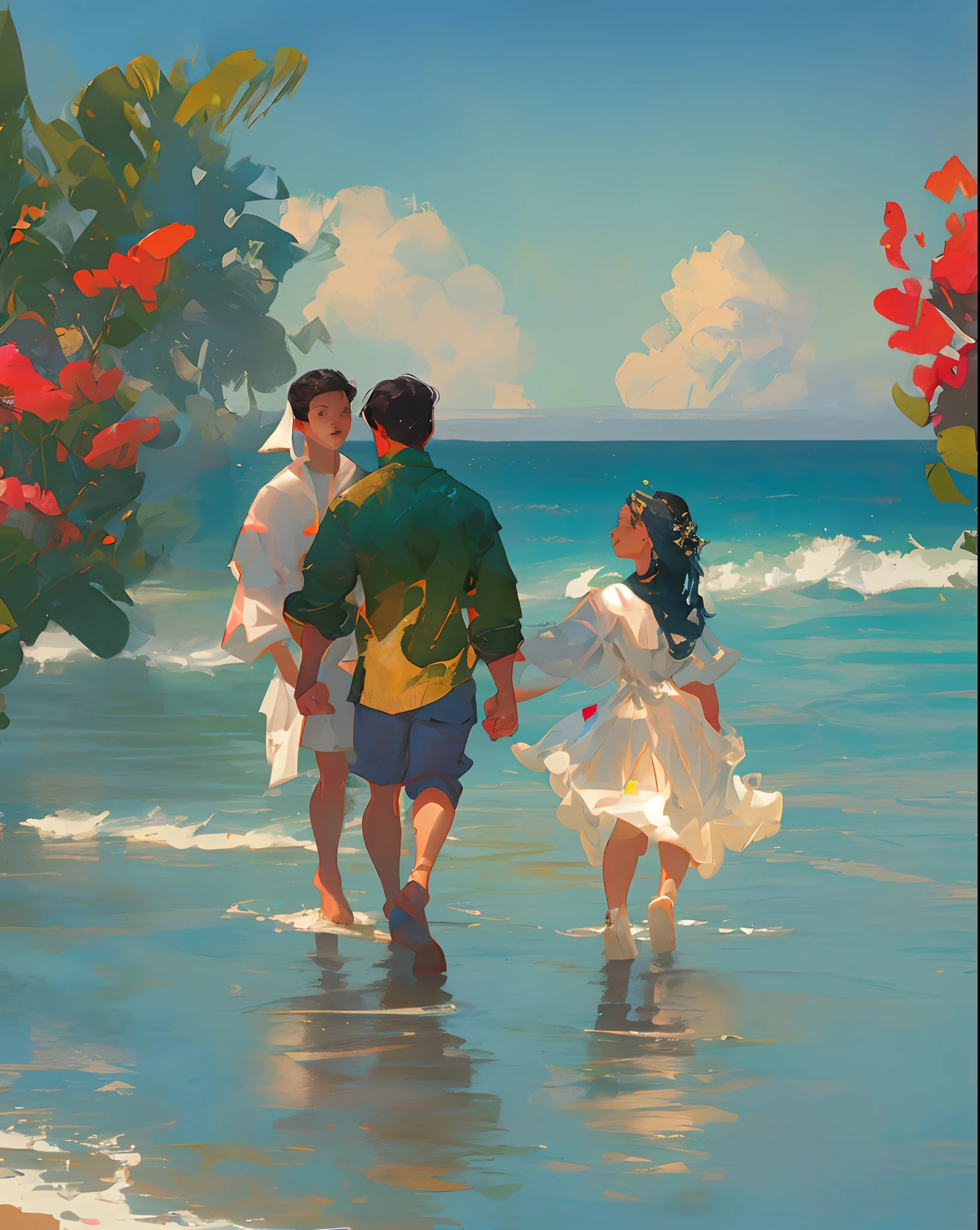 Man is walking clossedly with a beautiful girl on the blue beach then they kissing
