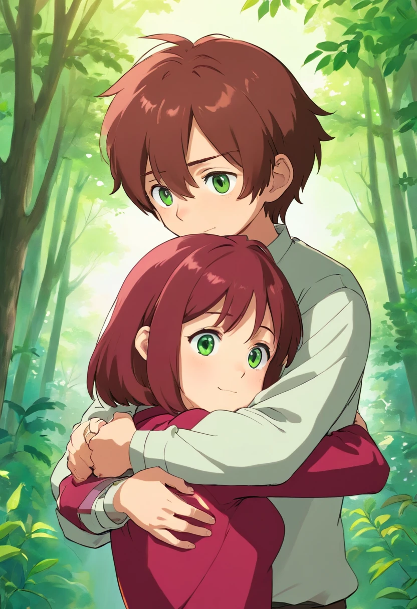 A man with brown short hair and brown eyes hugs a girl with burgundy hair and green eyes. They love each other and the boy's name is erik and the girl's name is çala