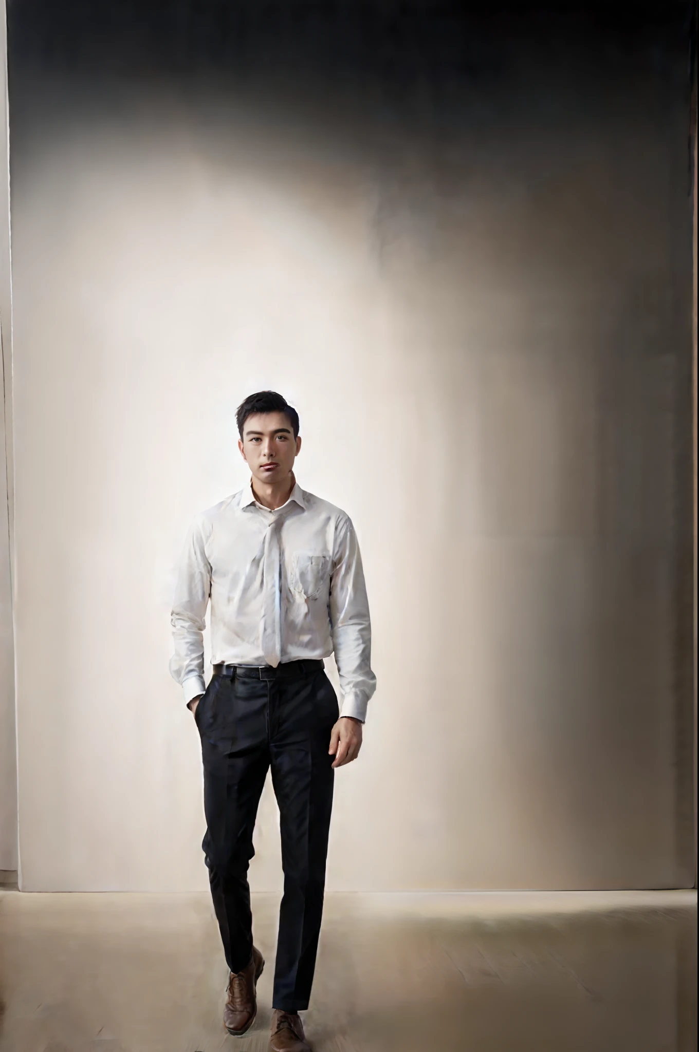 1man, A 30-year-old man wearing a white long-sleeved shirt., Tie and leather shoes, Full body, gentle lighting, masterpiece, bestquality, 8k UHD, dslr camera, grain of film, Fujifilm XT3 photorealistic painting art, by Midjourney and Greg Rutkowski