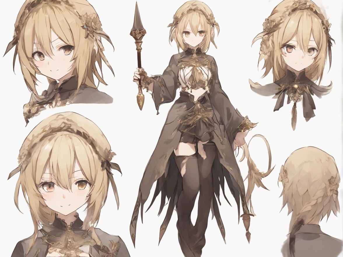 ((Chibi、Mini、Blunt bangs、Ash Gold Hair、a short bob、discreet breasts、Intricate Gothic décor、Black and white gothic dress)):1.5、full body Esbian、Concept sheet、masuter piece、超A high resolution、Looking at the camera、Angle from above、jumpping、dash、acrobatic pose、White background