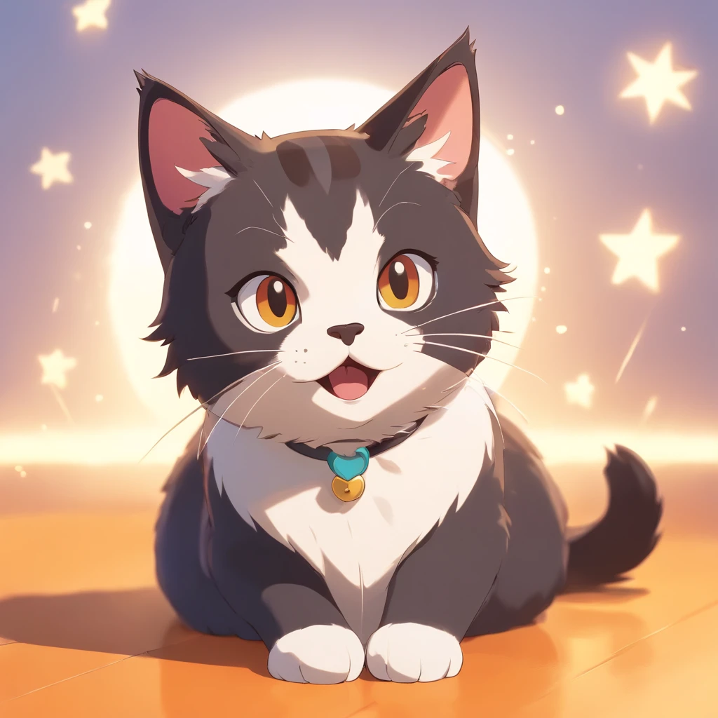 Tiny cute isometric cat emoji, tuxedo cat, Black and white cat, mouth open, playing with toy Cute furry, soft gold background, with soft pastel colors, 3d icon clay render, 120mm lens, 3d blender render, trending on polycount, modular constructivism, Orange background, physically based rendering, centered