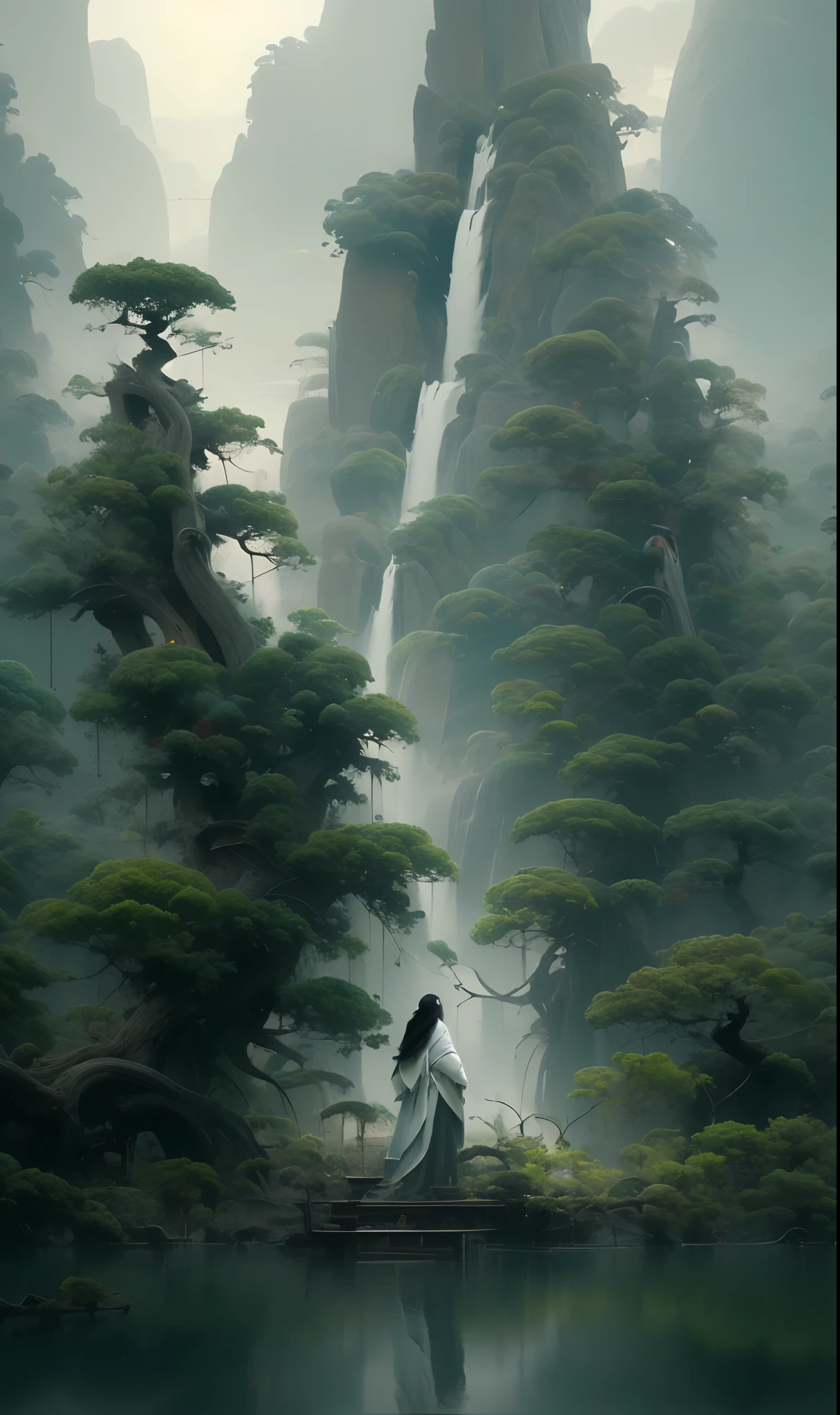 Painting in the style of oriental painting, In the style of matte painting, Layered and atmospheric landscape, Rich and immersive, quiet contemplation, Dark white and green, History painting, Inspired by Zen, The grandeur of the scales
Very detailed, Dynamic, Cinematic, Stunning, Realistic lighting and shading, Vivid, Vibrant, 8K,Octane Render, Unreal Engine, Very detailed, Concept art, Realistic, Cryengine, Wide Shot
One girl has very long hair white hair(Upper body:1.0)