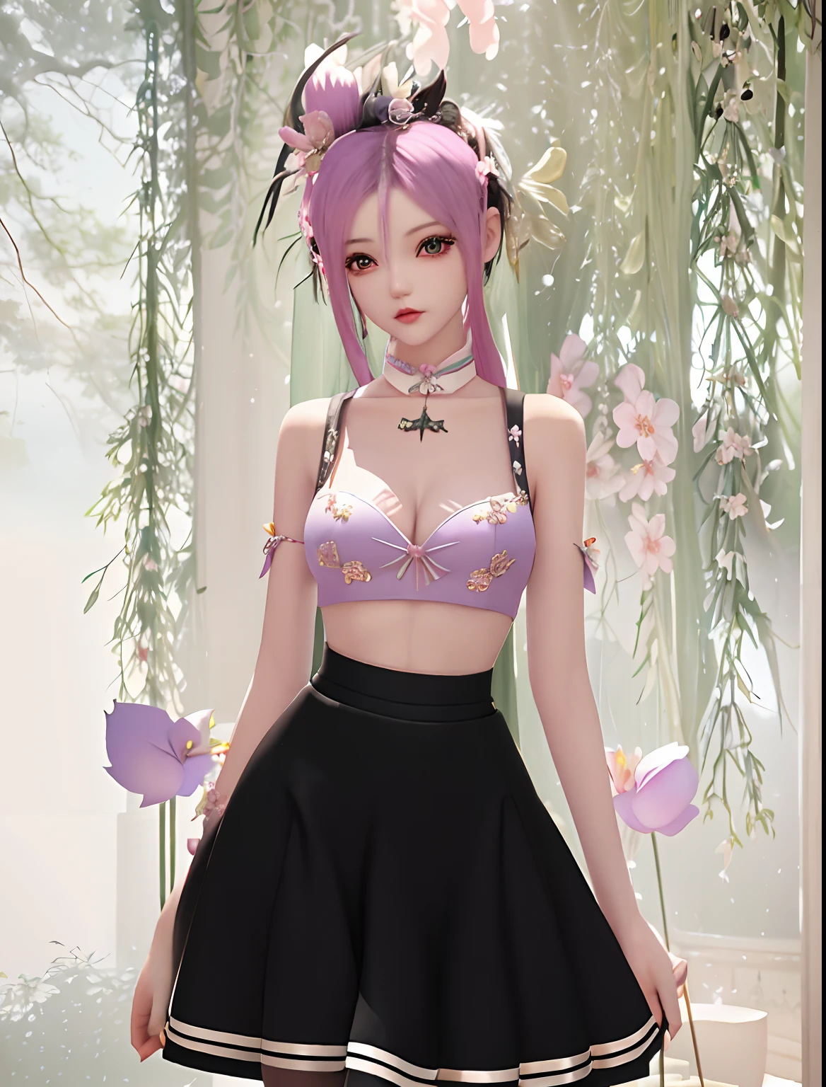 there is a woman in a skirt and top posing for a picture, (((mad))) elf princess, second life avatar, loli, loish |, loosely cropped, (((mist))), imvu, pastel goth, tumblr, ethereal flowerpunk, inspired by Ren Renfa, sensual gloomy style, lblsck hair, cgsocietywlop, secondlife, realistic