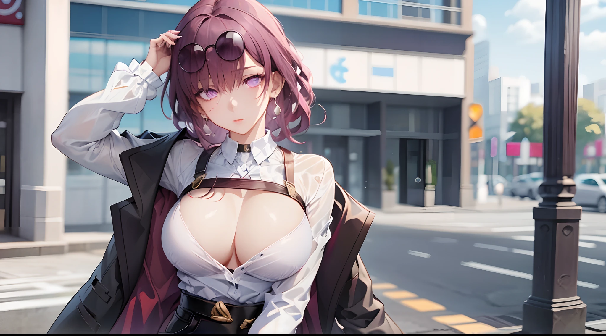 masterpiece, best quality, 1girl, skinny, large breasts, official,shirt, (undressing:1.4), pantyhose, eyewear on head, purple eyes, empty eyes, earrings, street