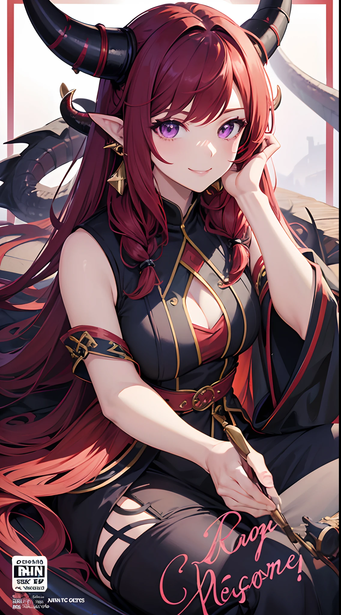 Cover magazine, anime, adult woman, solo, long hair, red hair, purple eyes, two horn, dragon horn, black horn, dragon woman, model, beautiful, fantasy, Casual clothes. Hair accessories. Unusual hairstyles. Earrings. Smile. Greeting.
