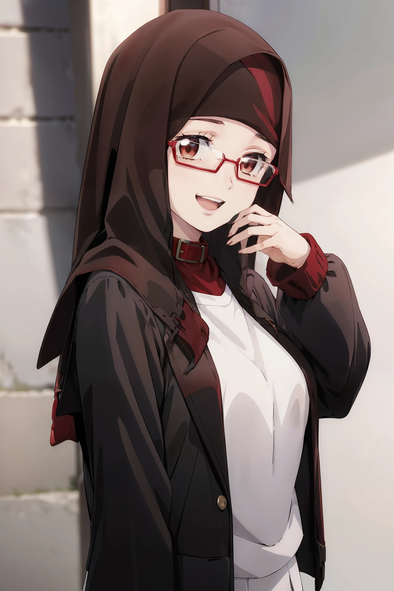 1girl, masterpice, high quality, best quality, good anime picture, misaki, ((school uniform)), ((jacket)), glasses, ((collar)), hair ornament, upper body, medium breasts, dynamic light and shadows, smile, open mouth, (red hijab:1.4)