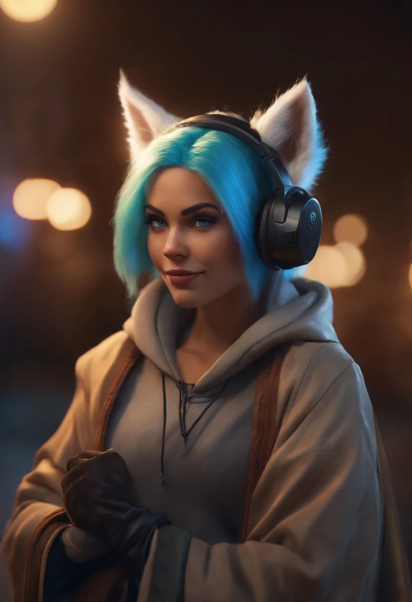 halfling monk female furry with blu eyes (8k high res) (busling city) night, moon light, Furry, Furry female, female focus, hyper focused, security company, wearing headphones and a jacket with rainbow hair, character who is a little scary Hacker, Badass, canine, animalized, smile, smoking, lycanthrope, character portrait, highly detailed, intricate, photorealism, hd quality, cinema 4d, fansty world, Clean design,