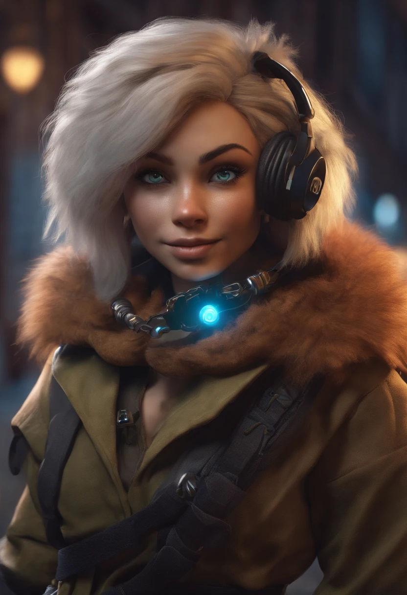 halfling monk female furry with blu eyes (8k high res) (busling city) night, moon light, Furry, Furry female, female focus, hyper focused, security company, wearing headphones and a jacket with rainbow hair, character who is a little scary Hacker, Badass, canine, animalized, smile, smoking, lycanthrope, character portrait, highly detailed, intricate, photorealism, hd quality, cinema 4d, fansty world, Clean design,