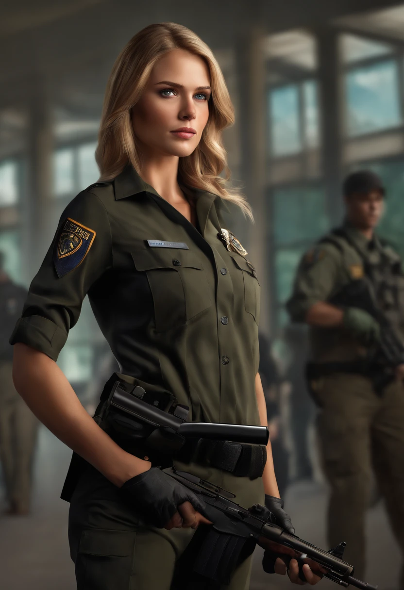 (best quality,ultra-detailed,realistic:1.37),professional,portrait,illustration,blond hair,blue eyes,brown hair,green eyes,female,brown hair,teenager, FBI profiler,FBI agent,tech specialist,weapons specialist,partners,full body