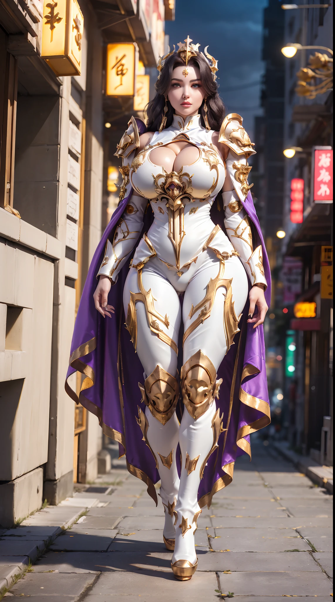 1GIRL, SOLO, (makeup, beautifull eyes, red libs, black hair, gold ornament hair), (BUSTY HUGE FAKE BOOBS:1.3), (GUARD ARM, GLOVE), IMMORTAL, (white, purple, gold, FUTURISTIC DRAGON MECHA ARMOR SUIT, ROYAL CAPE, CLEAVAGE, SKINTIGHT YOGA PANTS, HIGH HEELS:1.5), (MUSCULAR BODY, SEXY LONG LEGS, FULL BODY:1.3), (FROM FRONT, LOOKING AT VIEWER:1), (WALKING DOWN ON STREET NIGHT CITY:1.3), PHYSICALLY-BASED RENDERING, ULTRA HIGHT DEFINITION, 8K, 1080P.