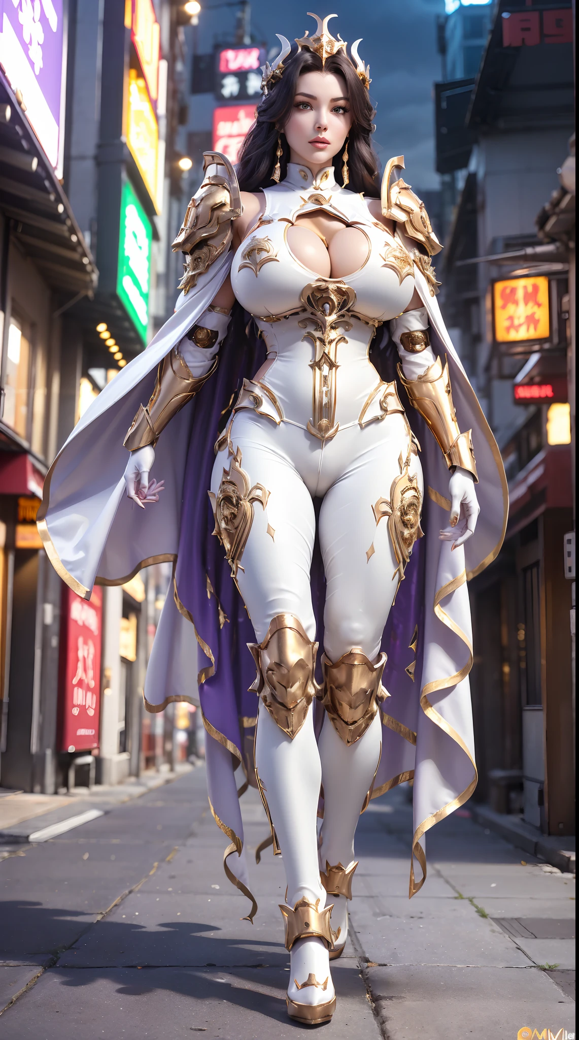 1GIRL, SOLO, (makeup, beautifull eyes, red libs, black hair, gold ornament hair), (BUSTY HUGE FAKE BOOBS:1.3), (GUARD ARM, GLOVE), IMMORTAL, (white, purple, gold, FUTURISTIC DRAGON MECHA ARMOR SUIT, ROYAL CAPE, CLEAVAGE, SKINTIGHT YOGA PANTS, HIGH HEELS:1.5), (MUSCULAR BODY, SEXY LONG LEGS, FULL BODY:1.3), (FROM FRONT, LOOKING AT VIEWER:1), (WALKING DOWN ON STREET NIGHT CITY:1.3), PHYSICALLY-BASED RENDERING, ULTRA HIGHT DEFINITION, 8K, 1080P.