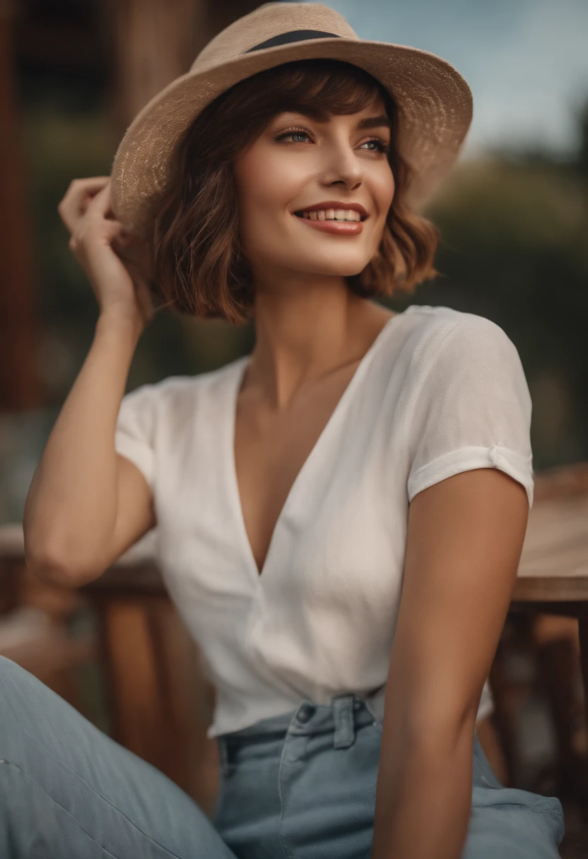 masutepiece, Best Quality, Illustration, Ultra-detailed, finely detail, hight resolution, 8K Wallpaper, Perfect dynamic composition, Beautiful detailed eyes, Women's Fashion Summer,Short bob hair,Big Natural Color Lip, Bold sexy poses,Smile,22-year-old girl、Cute、Sexy shot looking at camera