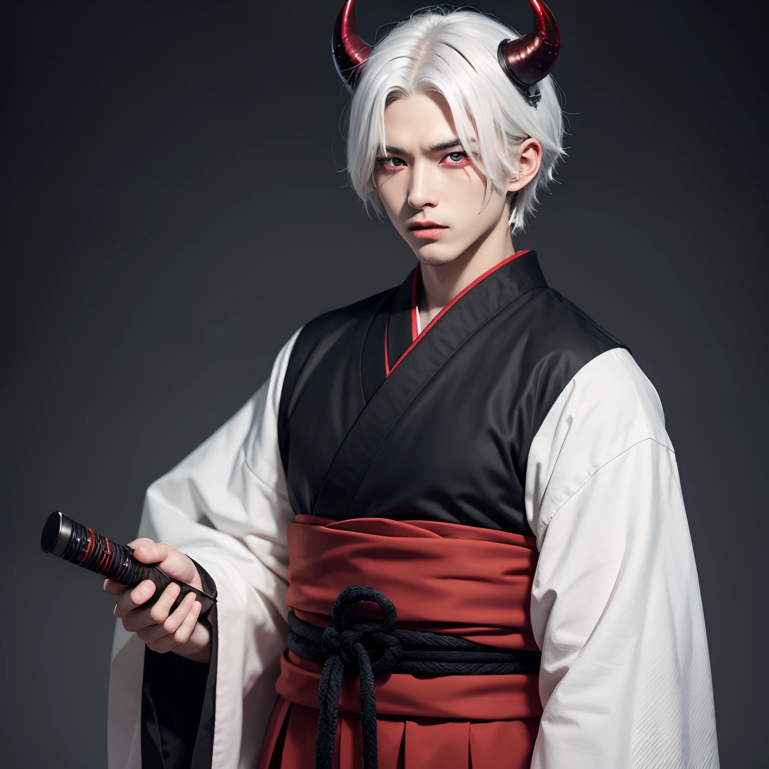 White hair, dark red horns (almost black), red eyes (if possible one with black sclerae), man, young, boy, kimono, samurai clothing, 1 man, alone