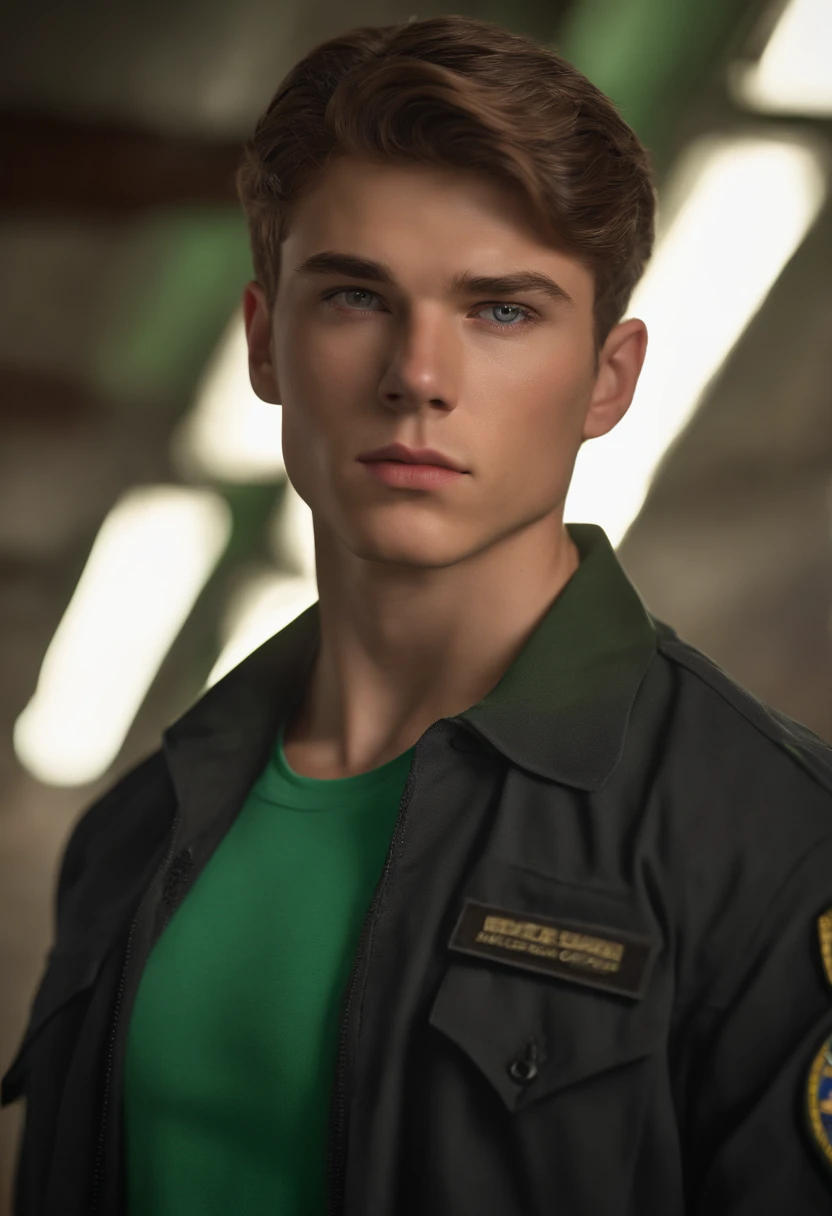 (deep focus,highres:1.2),(realistic:1.37) portrait,Dean,,FBI agent,weapon specialist,slightly serious expression,brown hair,green eyes,strong physique,full-body shot,working out,male,professional lighting and bekah