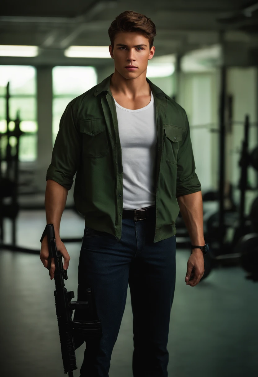 (deep focus,highres:1.2),(realistic:1.37) portrait,Dean,,FBI agent,weapon specialist,slightly serious expression,brown hair,green eyes,strong physique,full-body shot,working out,male,professional lighting and bekah