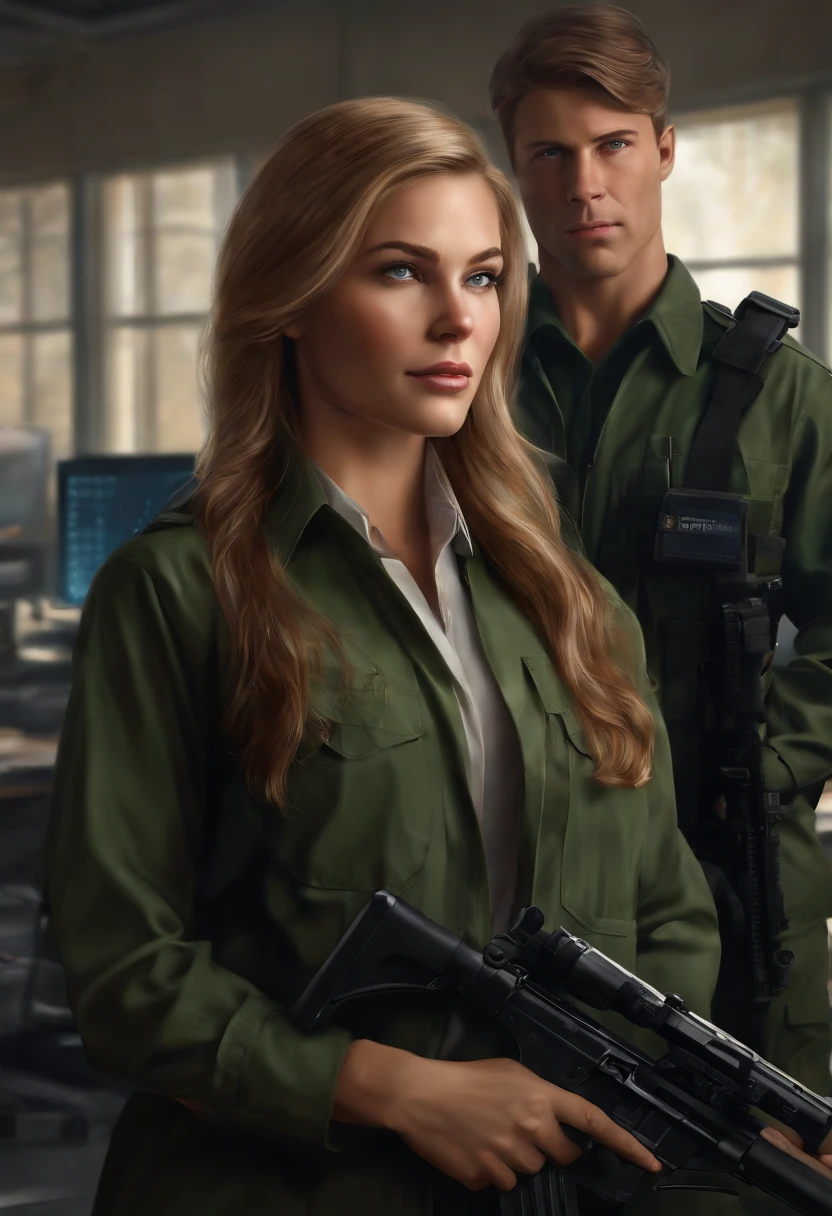 (best quality,ultra-detailed,realistic:1.37),professional,portrait,illustration,blond hair,blue eyes,brown hair,green eyes,female,brown hair,teenager, FBI profiler,FBI agent,tech specialist,weapons specialist,partners,full body (Together)