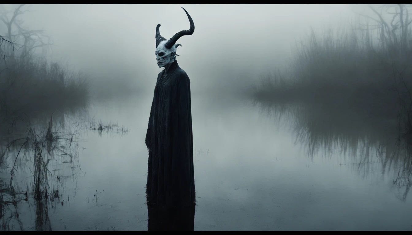 Upper body shot, hyper realistic photograph in a foggy marsh, demon woman with horns, iridescent skin, skin that looks like glass, white eyes, cinematic horror.
