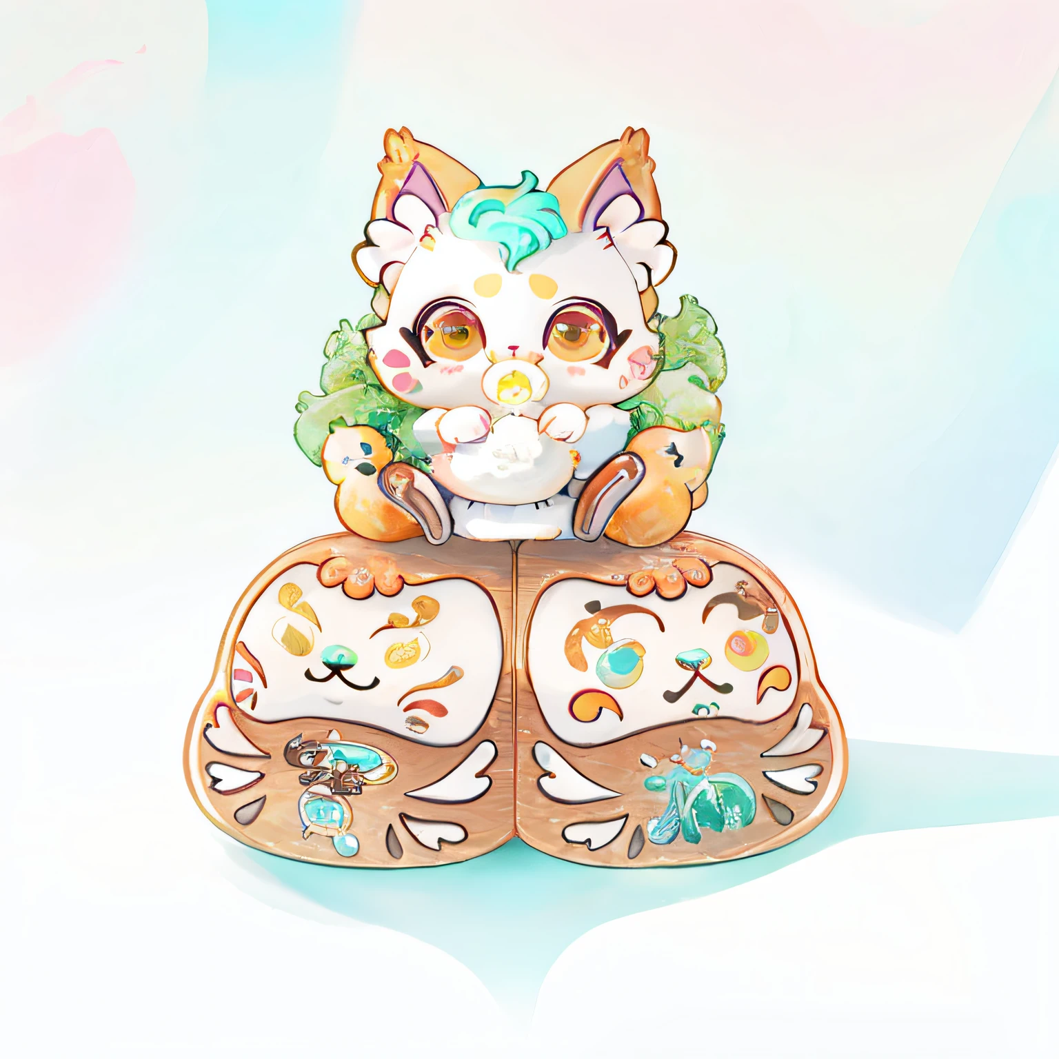There is a painting，A cat sits on a pair of damos, kitten sandwish, Kawaii cat, Cute detailed digital art, cute colorful adorable, plushies, lovely art style, anime cat, cute artwork, cat seahorse fursona, cute detailed artwork, low res, Detailed fanart, Chibi Art, cute cyber gods, cute character, Three-dimensional,３ｄModeling