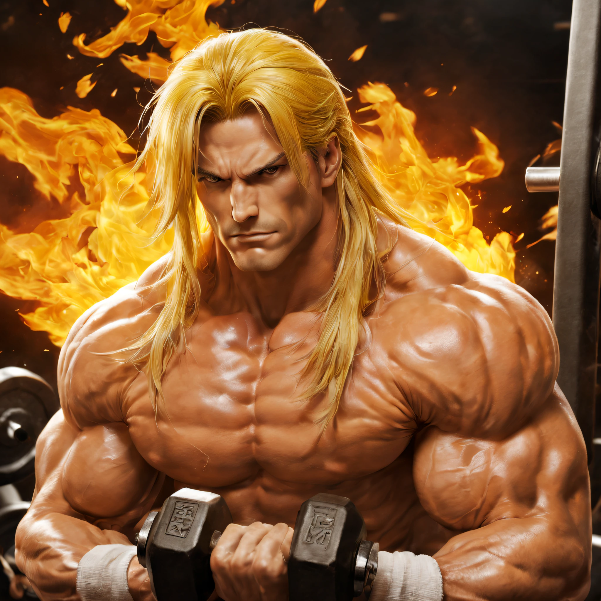 masterpiece,best quality,highres,Ken from street figher,bara,lifting dumbbells,naked,sitting ,erected big vein, fire around hands ,full of masculinity,manly,mature,handsome,huge,muscular,strong,in gym, street fighter, ken with long yellow hair \(sf\), nsfw