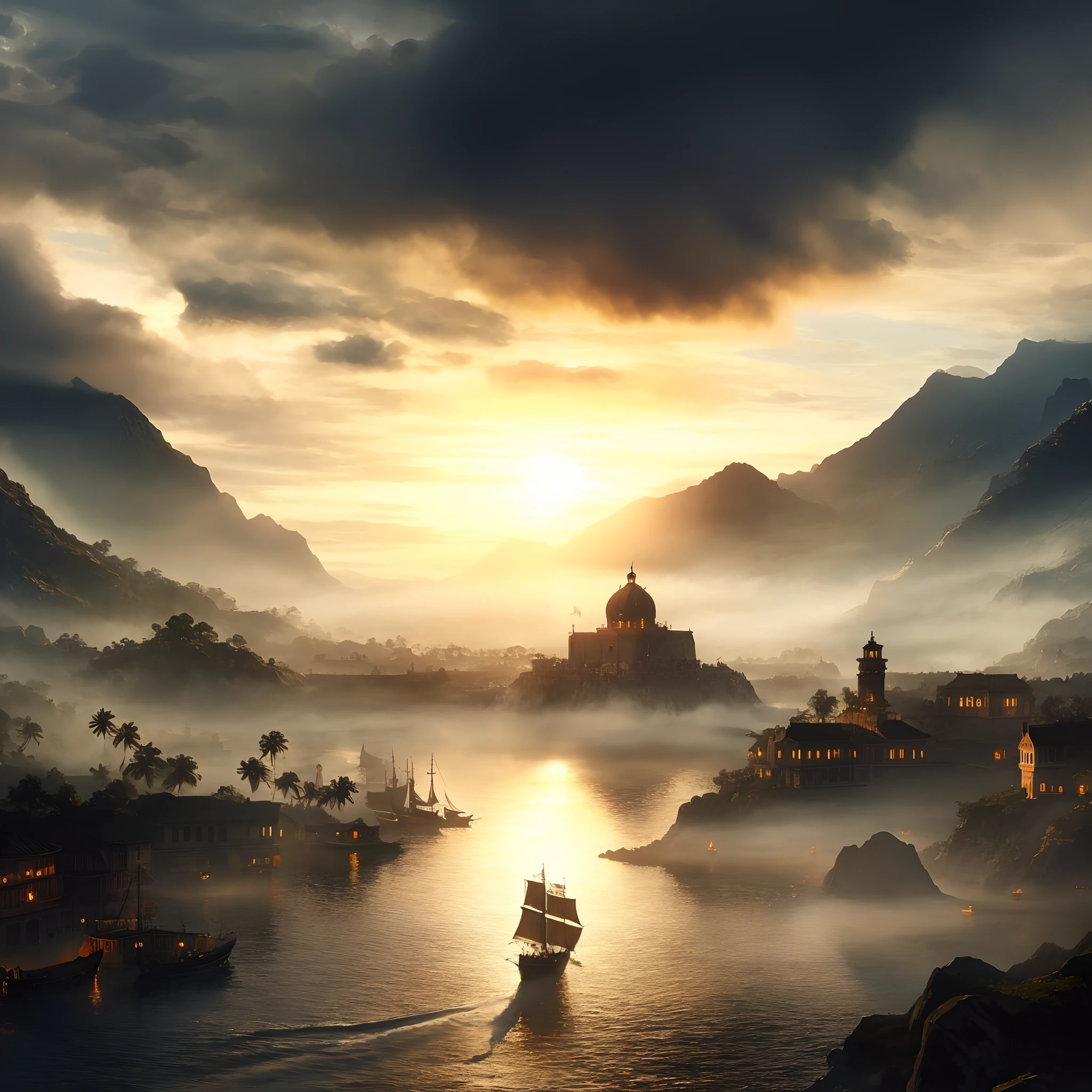 There's a boat sailing on the water in the middle of a foggy landscape, tinta escura bonita, epic matte painting of an island, tinta escura requintada, tinta escura impressionante, inspirado em Ivan Aivazovsky, majestosa tinta escura, tinta escura sonhadora, tinta escura bonita, em estilo de aivazovsky, Tinta Fosca Extravagante, Amazing exquisite dark paint, tinta escura, 4k detalhado, detalhes, High definition, Realista detalhes e relevo