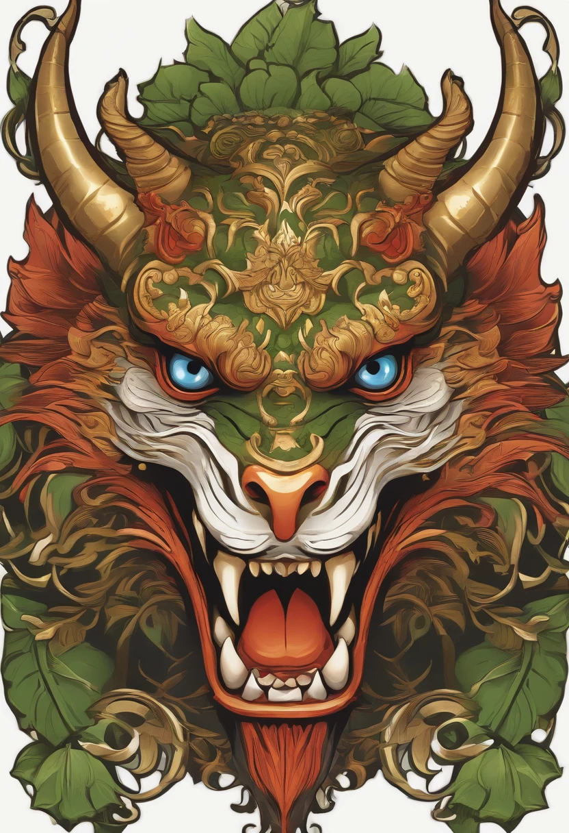 Sticker illustration on white background, Leprechaun face paint in the shape of a dragon, Pintura em estilo oriental, tengu mask, demon samurai mask, Asura em mitologia chinesa, Estilo de contorno arrojado, bordas irregulares, Lixeira, sombreamento claro --v 5.2