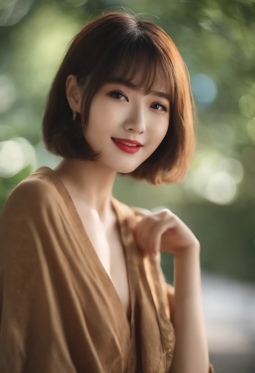 japanaese girl,masutepiece, Best Quality, Illustration, Ultra-detailed, finely detail, hight resolution, 8K Wallpaper, Perfect dynamic composition, Beautiful detailed eyes, Women's Fashion Summer,Short bob hair,Big Natural Color Lip, Bold sexy poses,Smile,22-year-old girl、Cute、Sexy shot looking at camera