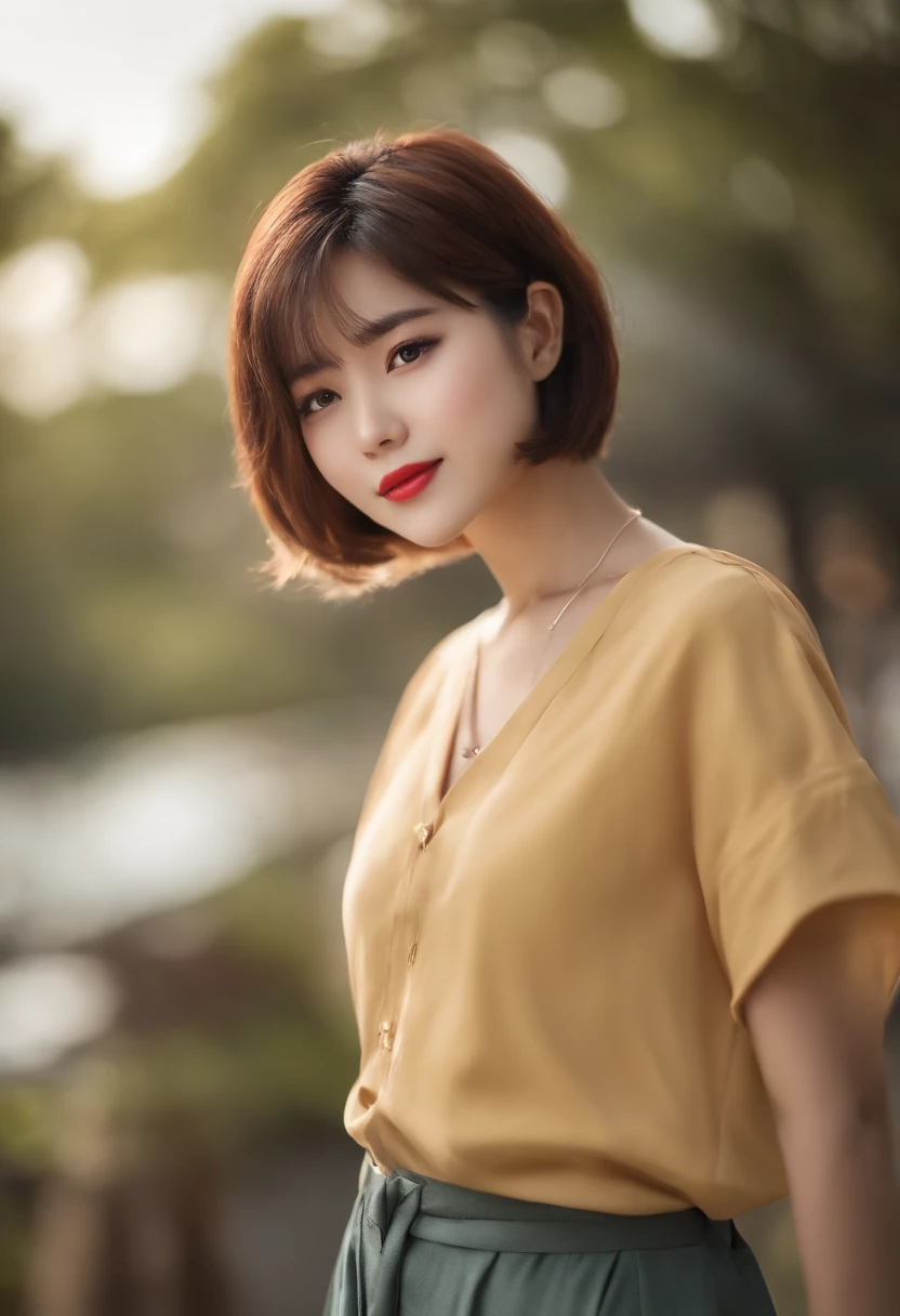 japanaese girl,masutepiece, Best Quality, Illustration, Ultra-detailed, finely detail, hight resolution, 8K Wallpaper, Perfect dynamic composition, Beautiful detailed eyes, Women's Fashion Summer,Short bob hair,Big Natural Color Lip, Bold sexy poses,Smile,22-year-old girl、Cute、Sexy shot looking at camera