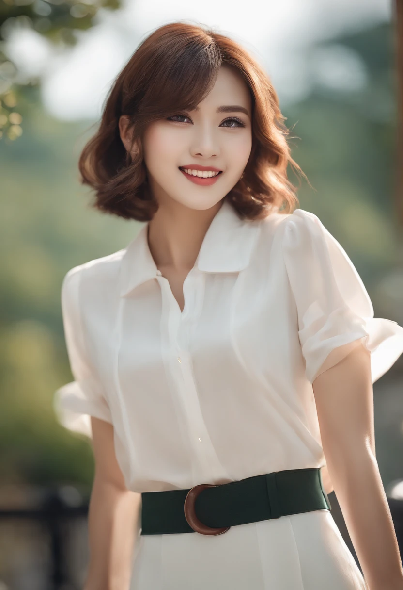 japanaese girl,masutepiece, Best Quality, Illustration, Ultra-detailed, finely detail, hight resolution, 8K Wallpaper, Perfect dynamic composition, Beautiful detailed eyes, Women's Fashion Summer,Short bob hair,Big Natural Color Lip, Bold sexy poses,Smile,22-year-old girl、Cute、Sexy shot looking at camera