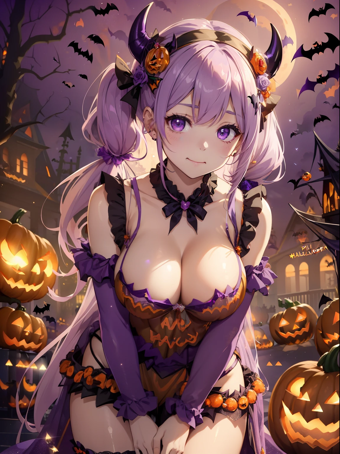 masutepiece, High resolution, 8K, anime woman, Delicate and detailed writing 、Detailed digital illustration、(((Straight pigtail)))、Shiny hair、Bangs、a very beautiful woman、Eyes are double, Large, (((Bust is an A cup)))、High image quality, High quality、Detailed background、The inside of the eye shines like a diamond、Light purple hair、Gradient pupil、(((2 arms、4 fingers, 1 thumb)))、Detailed female face、Very beautiful and cute woman、、细致背景、masterpiece、Soft Focus , Bright gradient watercolor , Lens Flare , (((Glitter))) , Glow , Dreamy , Light Purple Ribbon、(((Very Beautiful Light Purple Rose Hair Accessories)))、Big smile、(Devil Costume, Halloween Costume:1.8),Sexy Pose