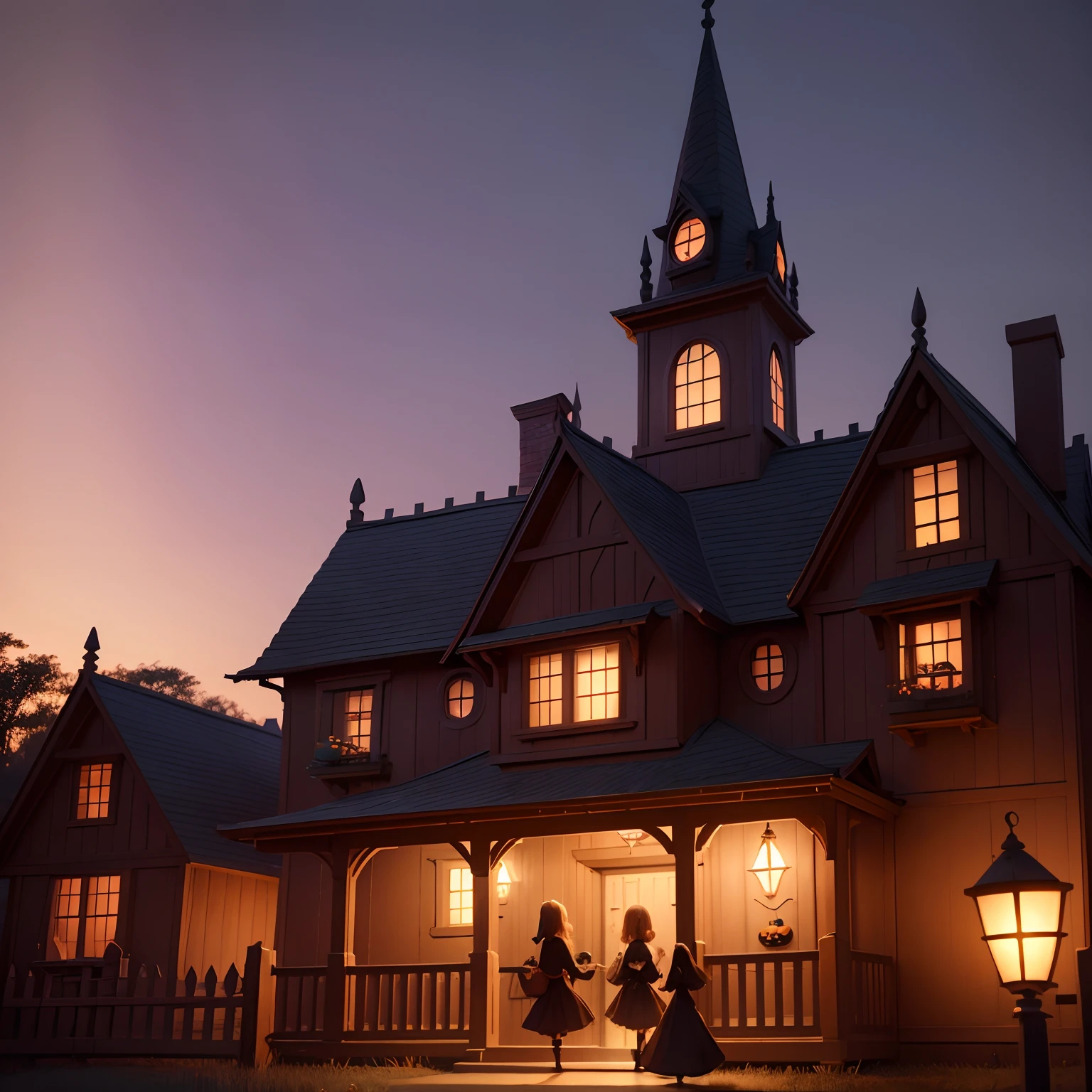"Create a high-quality Disney 3D scene of adorable little witches arriving at a house for some 'trick or treat' magic! Let the enchantment of Halloween come to life in this bewitching image."
