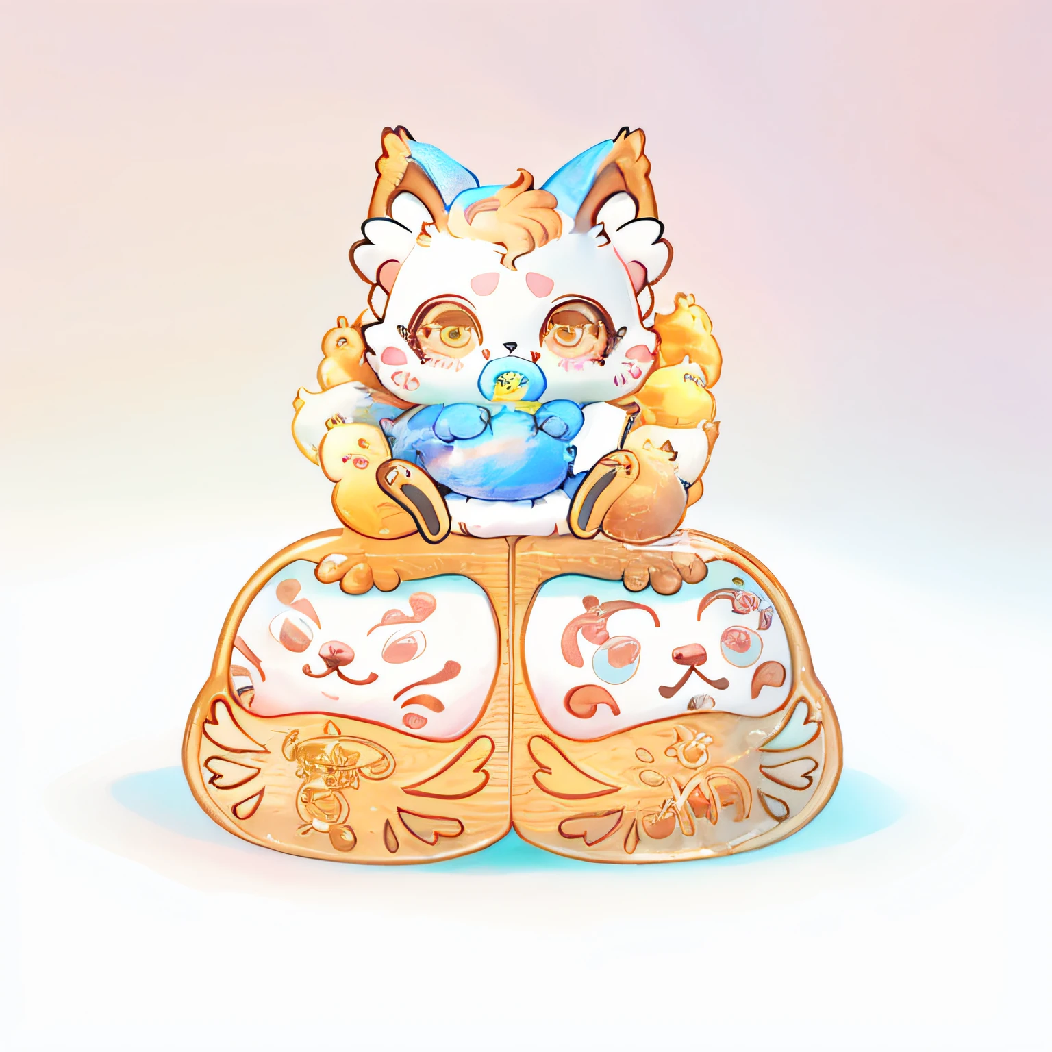 There is a painting,A cat sits on a pair of damos, kitten sandwish, Kawaii cat, Cute detailed digital art, cute colorful adorable, plushies, lovely art style, anime cat, cute artwork, cat seahorse fursona, cute detailed artwork, low res, Detailed fanart, Chibi Art, cute cyber gods, cute character, Three-dimensional,3dModeling