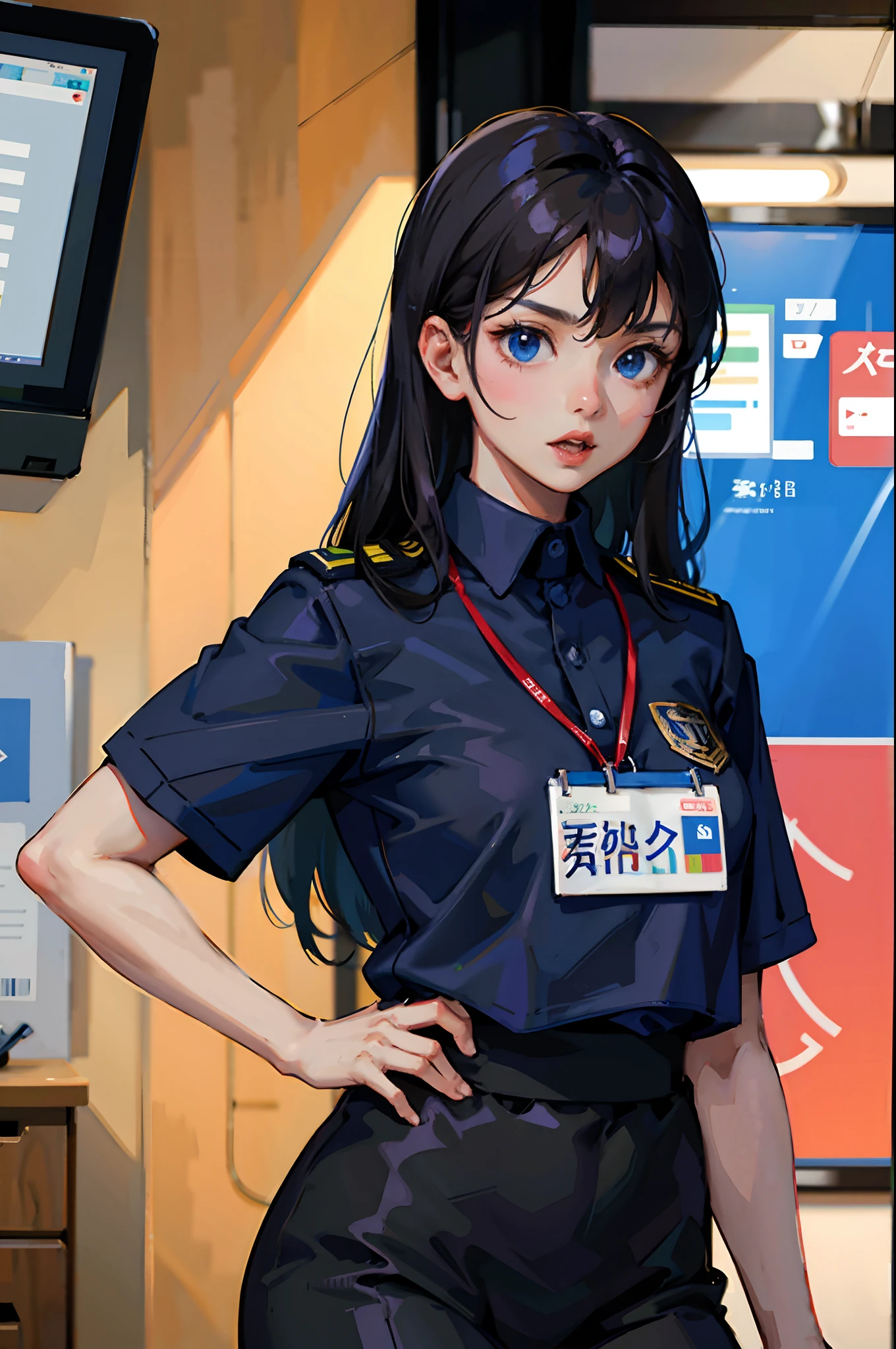 a black long asian girl staff working in office wearing dark blue color uniform with logo "MM Mega" on the left chest shirt