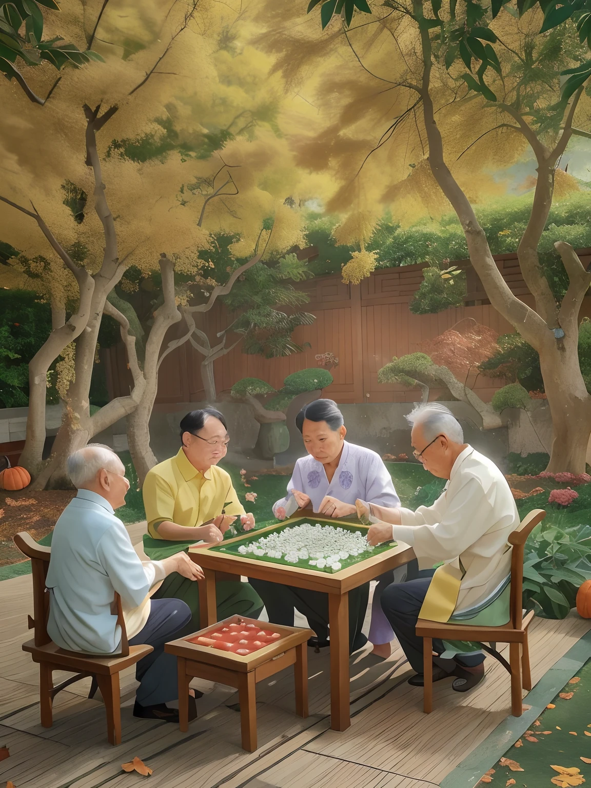 Under the autumn sun，Osmanthus flowers are fragrant，Four old men leisurely playing mahjong in the garden，Celebrate the Chung Yeung Festival together。