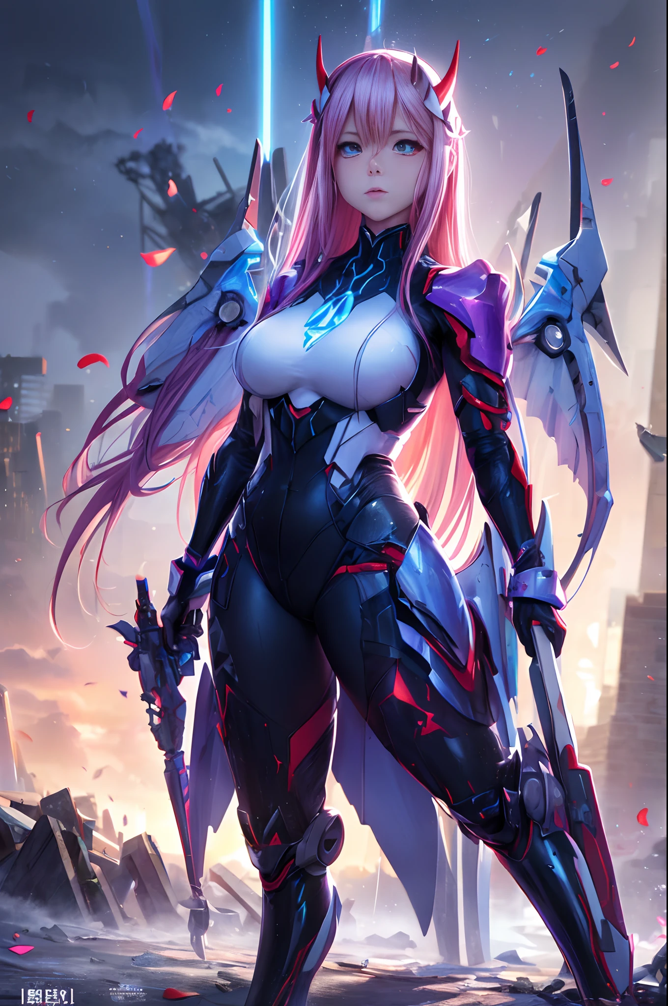 (artwork, highest quality, highest resolution, distinct_image, detailed details): (8K, 4K, best quality, High resolution: 1.2), artwork, Ultra-detailed, hyper details, cinematic Light, Alone, woman, long pink hair, small and tight bra, mini skirt, clothes with futuristic details, highlighting the breasts, perfect body, thin waist, heroine pose, mature, perfect face, full body, looking at the viewer, detailed_background, full_body, dynamic_angle