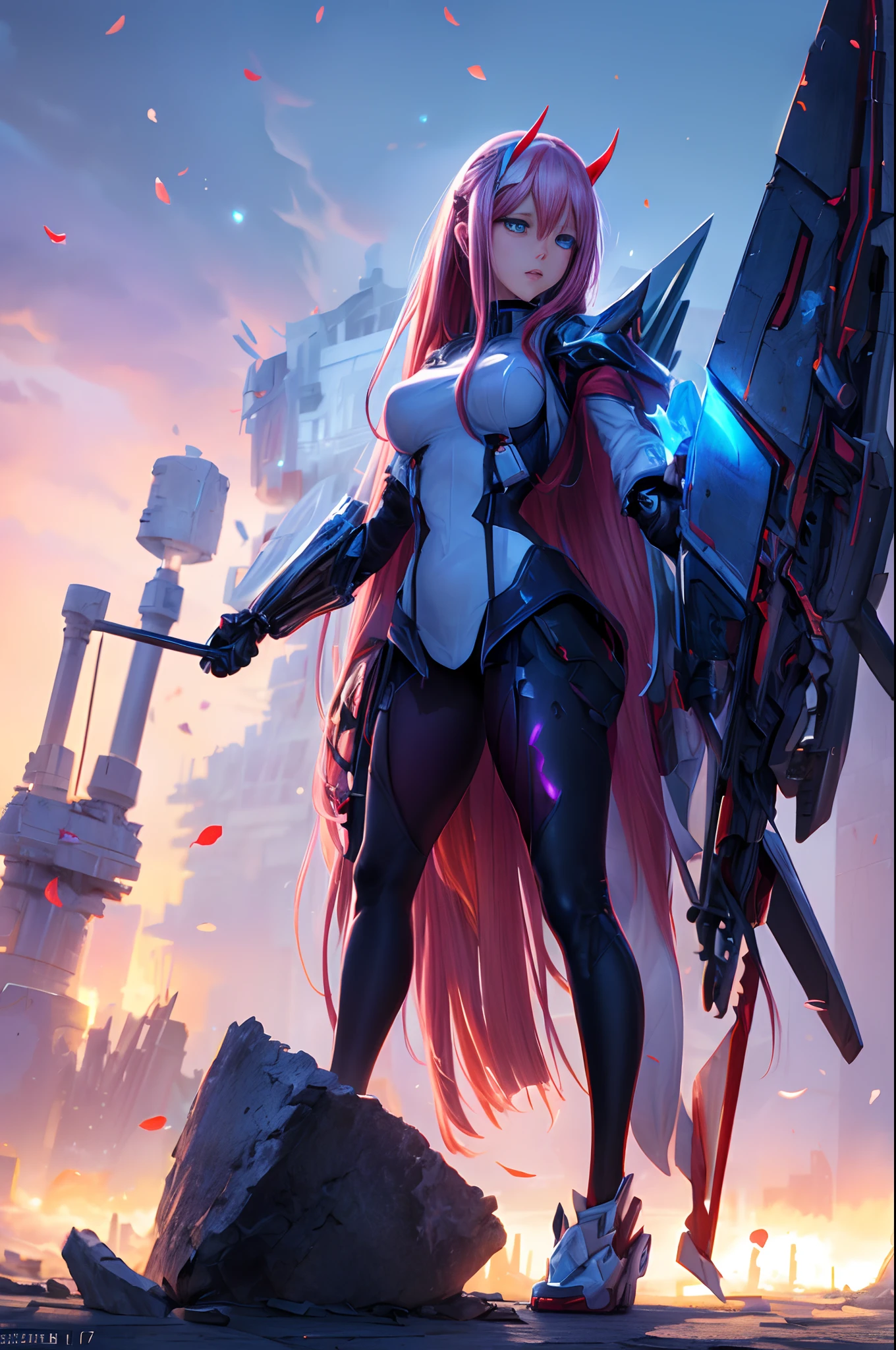 "(best quality,4k,8k,highres,masterpiece:1.2),ultra-detailed,(realistic,photorealistic,photo-realistic:1.37),zero two,darling in the franxx,vibrant colors,anime style,dystopian future,futuristic technology,mecha pilot,beautiful detailed eyes,beautiful detailed lips,soft pink hair,two horns on the head,blue skin with purple highlights,fierce expression,exquisite anime outfit,mechanical wings,standing on a ruined cityscape,post-apocalyptic scenery,moody lighting,neon lights reflecting on the rain-soaked ground,scattered petals in the air,sword in hand,electric energy crackling around her,powerful and confident aura"