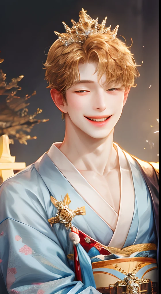 A young nobleman in love smiling happily to a cute princess, japanese