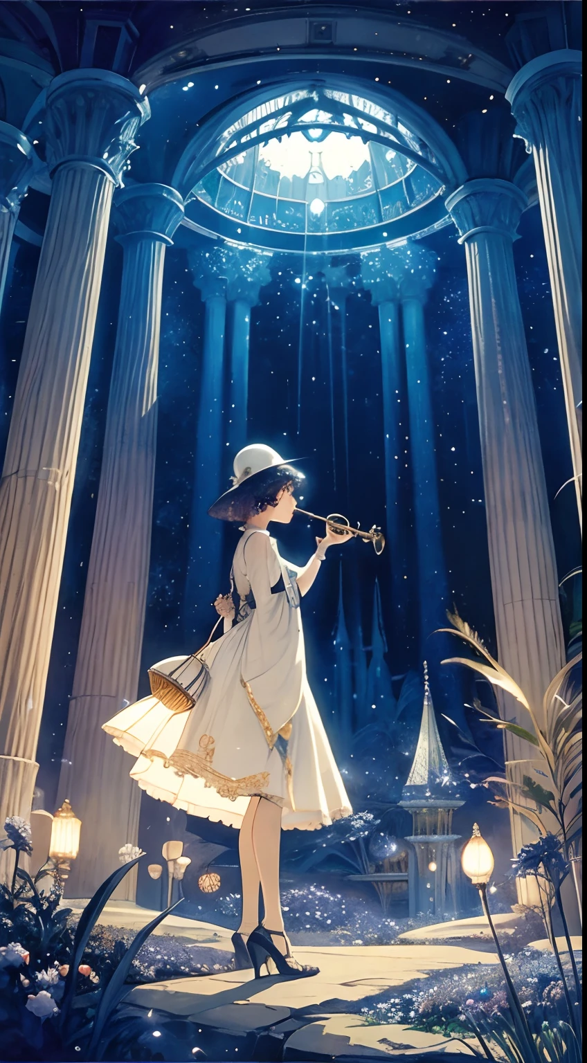 Ida Rentoul Outhwaite, Surreal, Errol Le Cain, Heinrich Lefler, mysterious, strange, fantastical, fantasy, Sci-fi, Japanese anime, fairy contract, beautiful girl, space suit, trumpet, detailed masterpiece High resolution definition quality depth of field cinematic lighting
