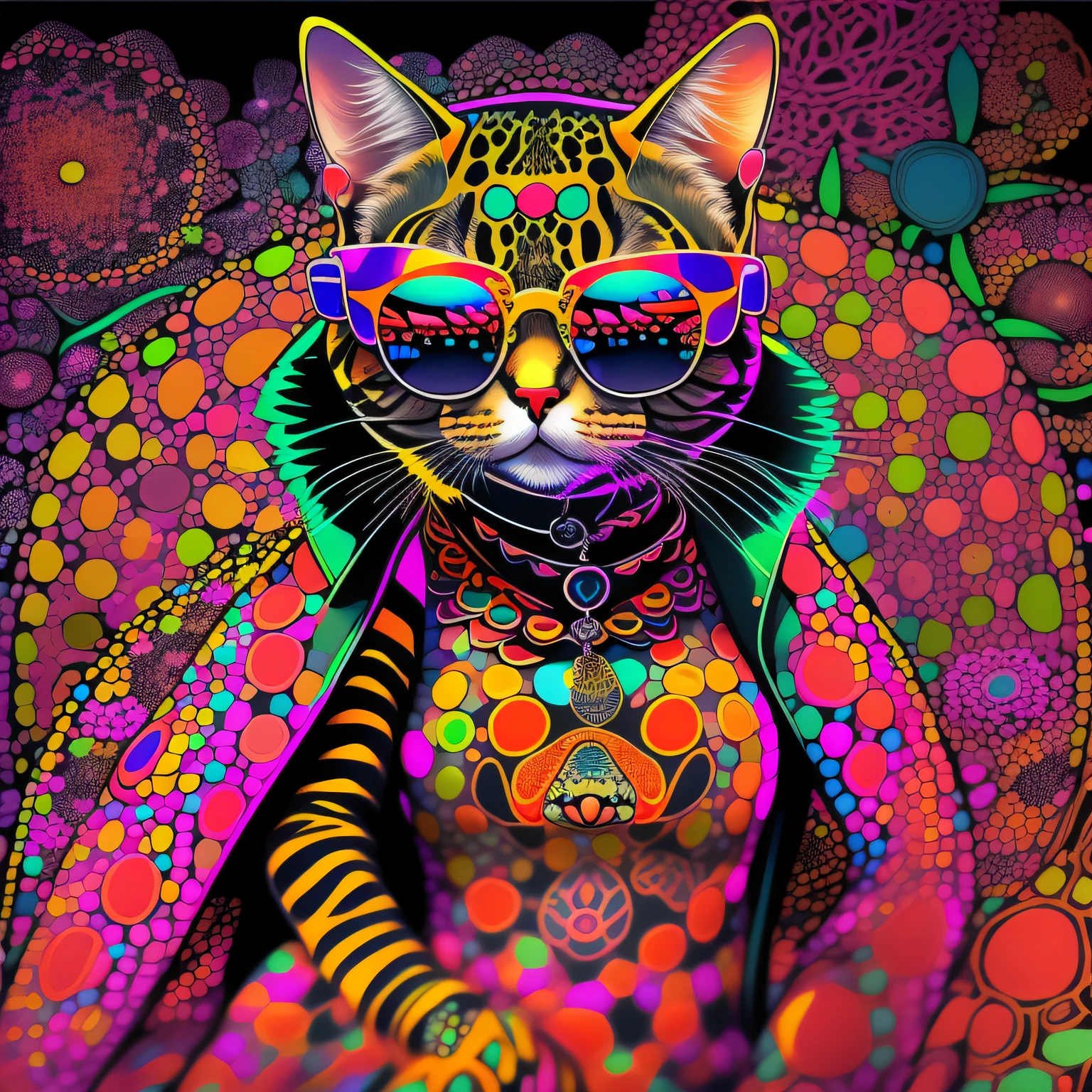 (1 cat(anthropomorphic turtle))wearing a Beautiful choker,with tattoos, sunglasses, elegant Black leather jacket,Psychedelic punk artist feminine, (((full bodyesbian))), concept-art,Vivid colors, rim-light, Extremely detailed Cg Unity 8K wallpaper, trending on artstationh, Yayoi Kusama's pop art style, iintricate, High detail