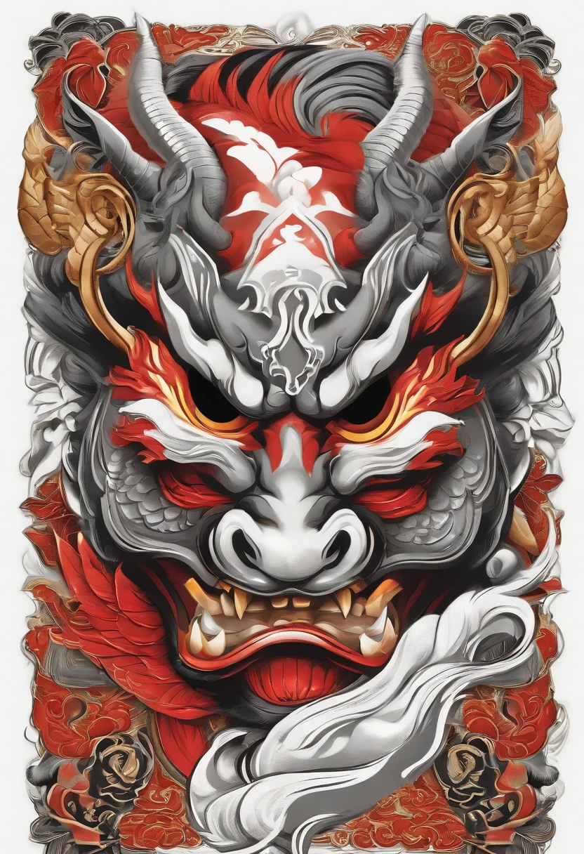 Sticker illustration on white background, Dragon Face Paint, Pintura em estilo oriental, tengu mask, demon samurai mask, Asura em mitologia chinesa, Estilo de contorno arrojado, bordas irregulares,, sombreamento claro --v 5.2