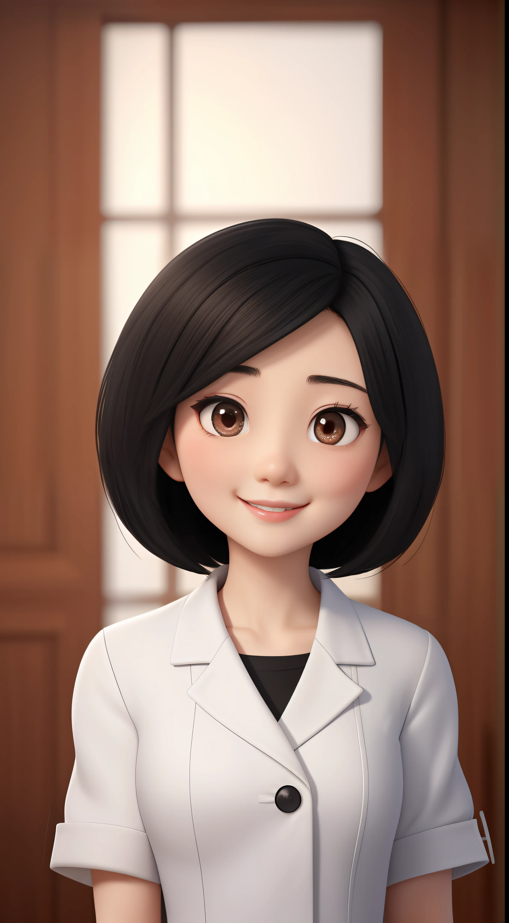 30 age old，Chinese female doctor with short black hair, face round, with a round face，attractive smile, and black eyes, Looking directly at