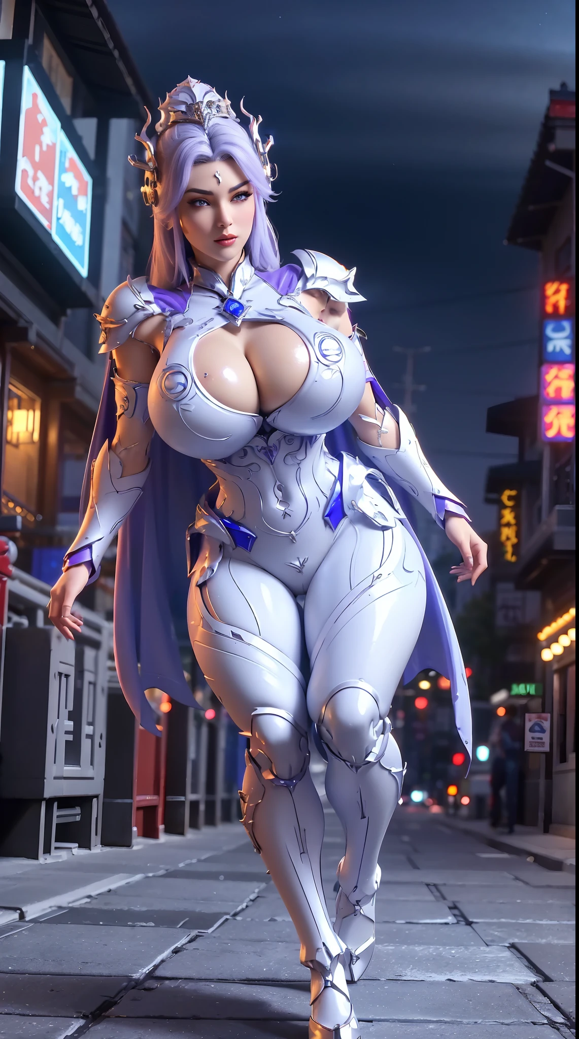 1GIRL, SOLO, (makeup, beautifull eyes, red libs, white ponytail hair, gold ornament hair), (BUSTY HUGE FAKE BOOBS:1.3), (GUARD ARM, GLOVE), IMMORTAL, (white, purple, blue, FUTURISTIC DRAGON MECHA ARMOR SUIT, ROYAL CAPE, CLEAVAGE, SKINTIGHT YOGA PANTS, HIGH HEELS:1.5), (MUSCULAR BODY, SEXY LONG LEGS, FULL BODY:1.3), (FROM FRONT, LOOKING AT VIEWER:1), (WALKING DOWN ON STREET NIGHT CITY:1.3), PHYSICALLY-BASED RENDERING, ULTRA HIGHT DEFINITION, 8K, 1080P.