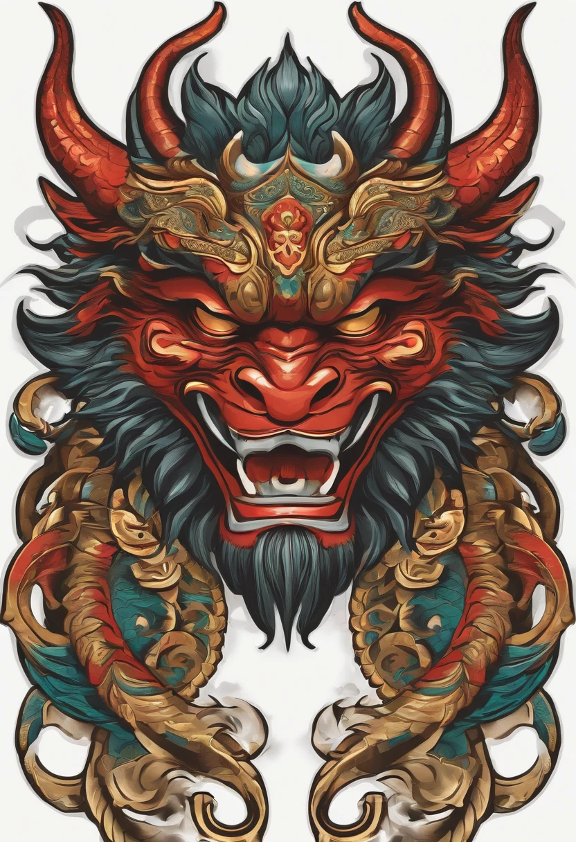 Sticker illustration on white background, Dragon Face Paint, Pintura em estilo oriental, tengu mask, demon samurai mask, Asura em mitologia chinesa, Estilo de contorno arrojado, bordas irregulares,, sombreamento claro --v 5.2